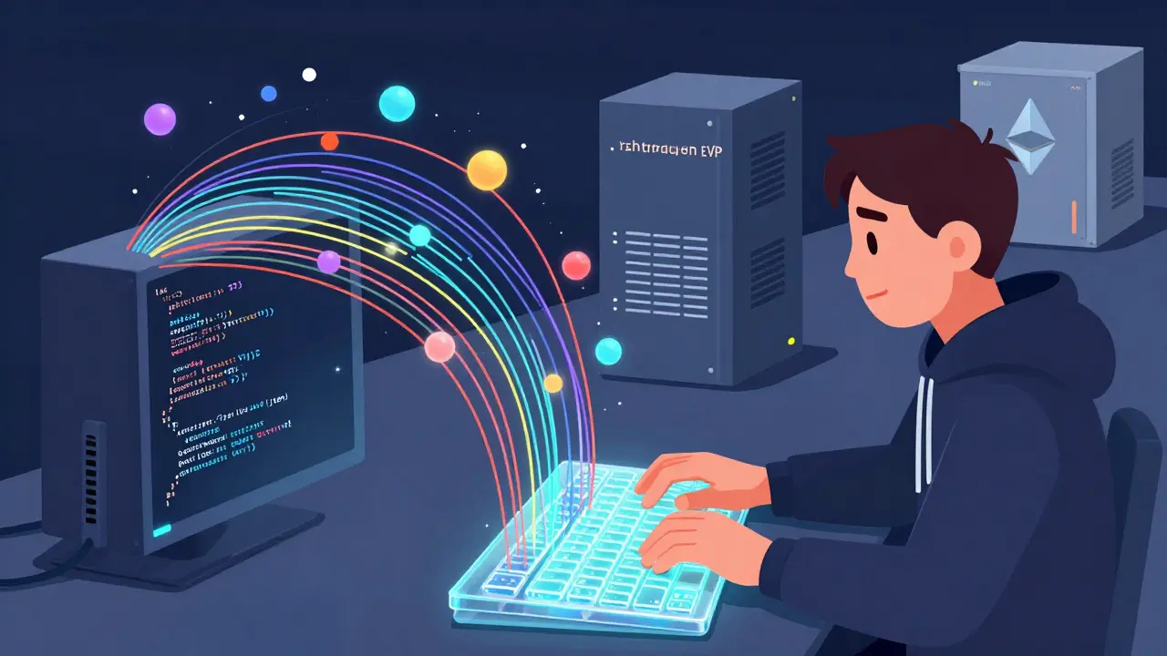 Un développeur code en Bend sur une machine virtuelle PolkaVM qui traite des milliers de transactions en parallèle.