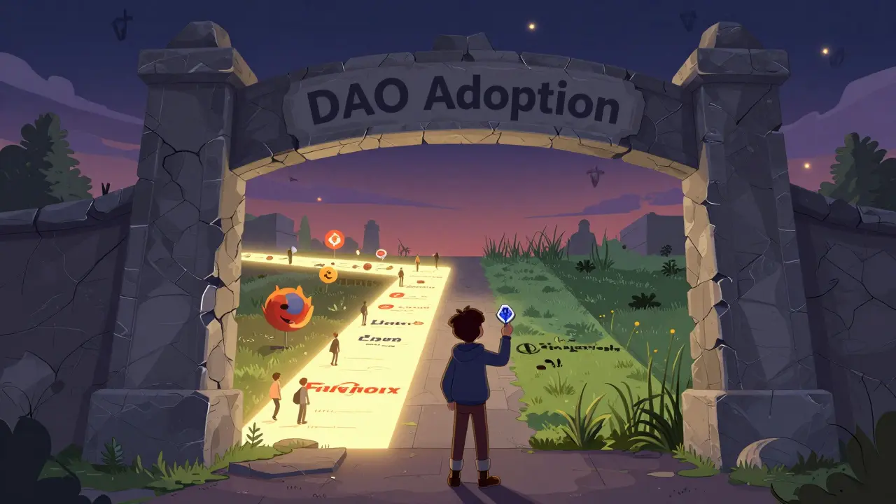 Un développeur tente d'ouvrir une porte de l'adoption DAO, avec des chemins menant vers des projets open-source célèbres.