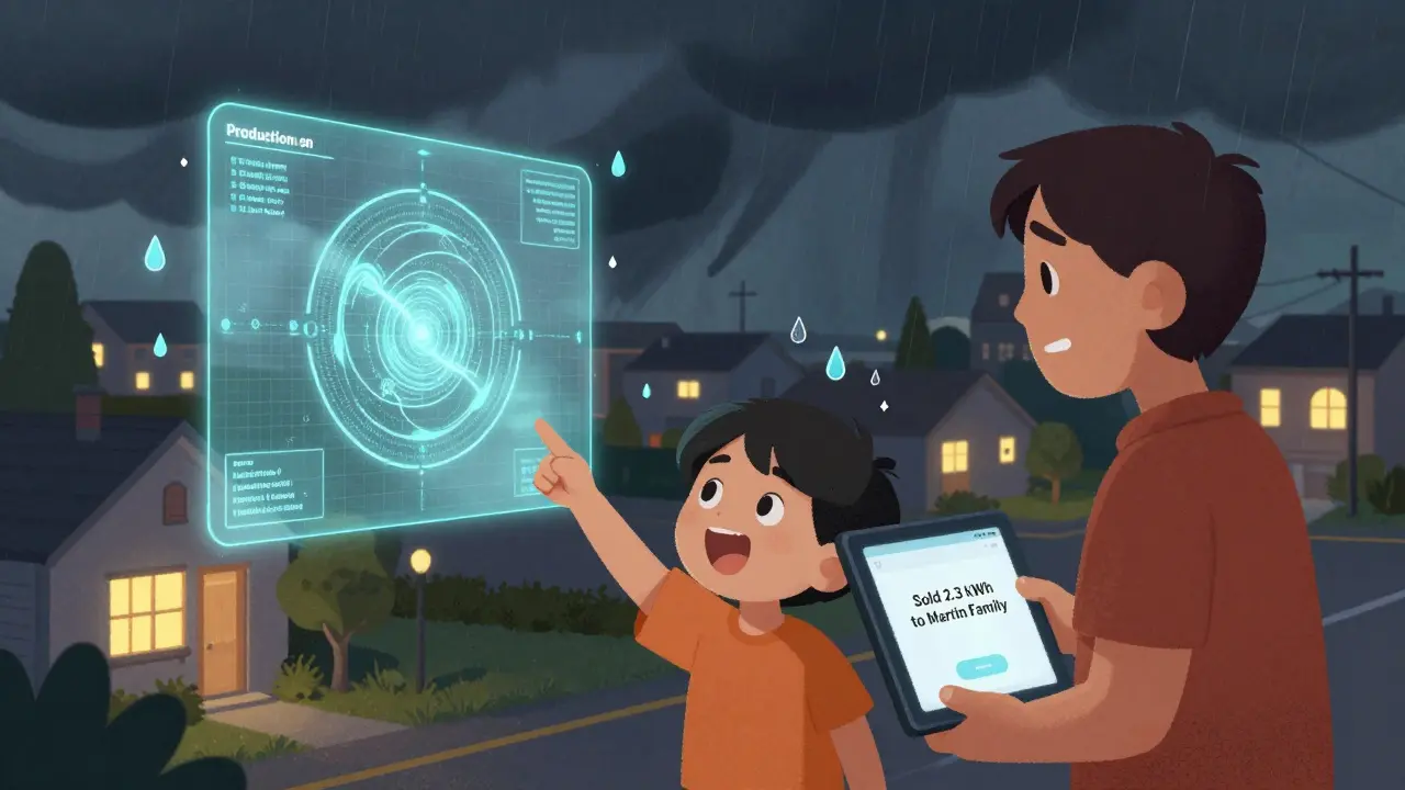 Un enfant regarde une carte énergétique locale avec son parent, alors qu'une tempête s'approche mais le quartier reste éclairé.