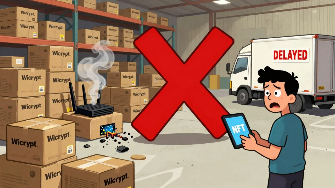 Un entrepôt rempli de boîtes de routeurs Wicrypt non livrées, avec des signes de retard et de surchauffe.