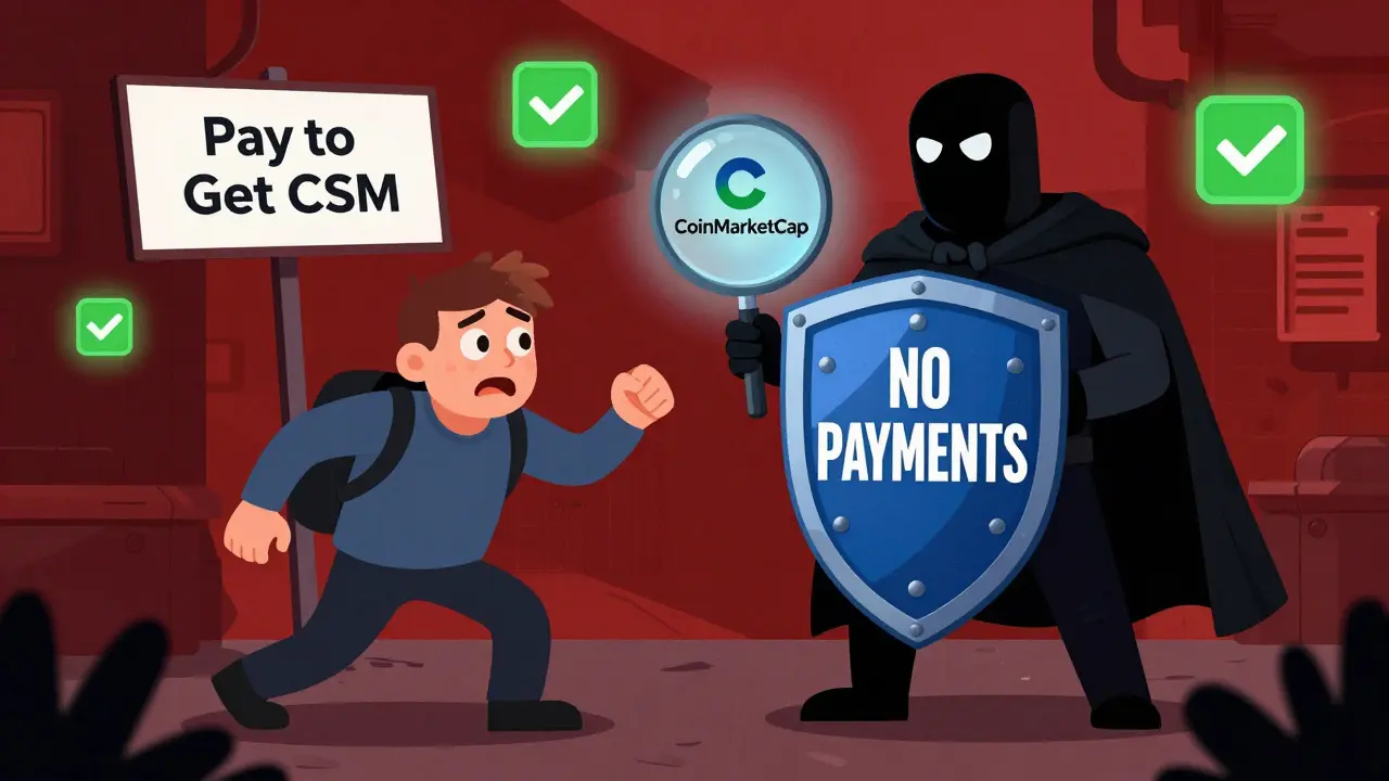 Un escroc tente de tromper un utilisateur, tandis qu'un héros protège la vérification officielle de CoinMarketCap.