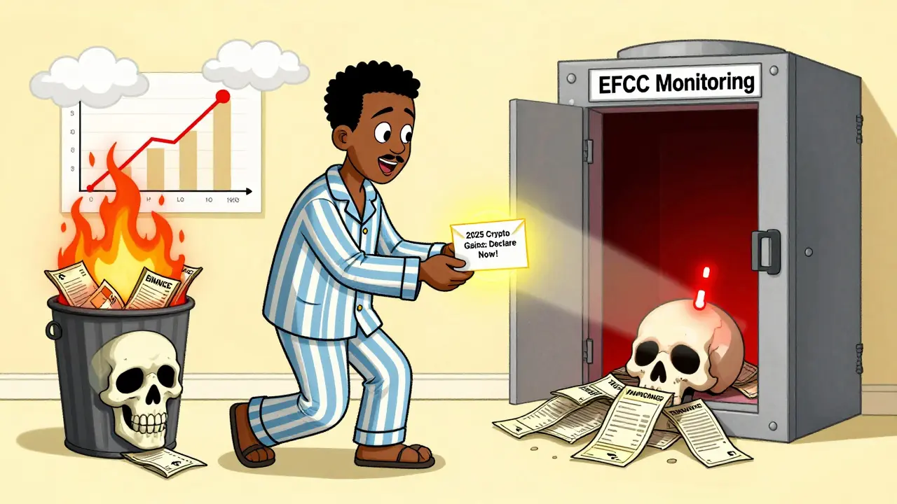 Un homme reçoit une lettre de l'impôt demandant de déclarer ses gains en crypto, tandis que son compte est surveillé par les autorités.