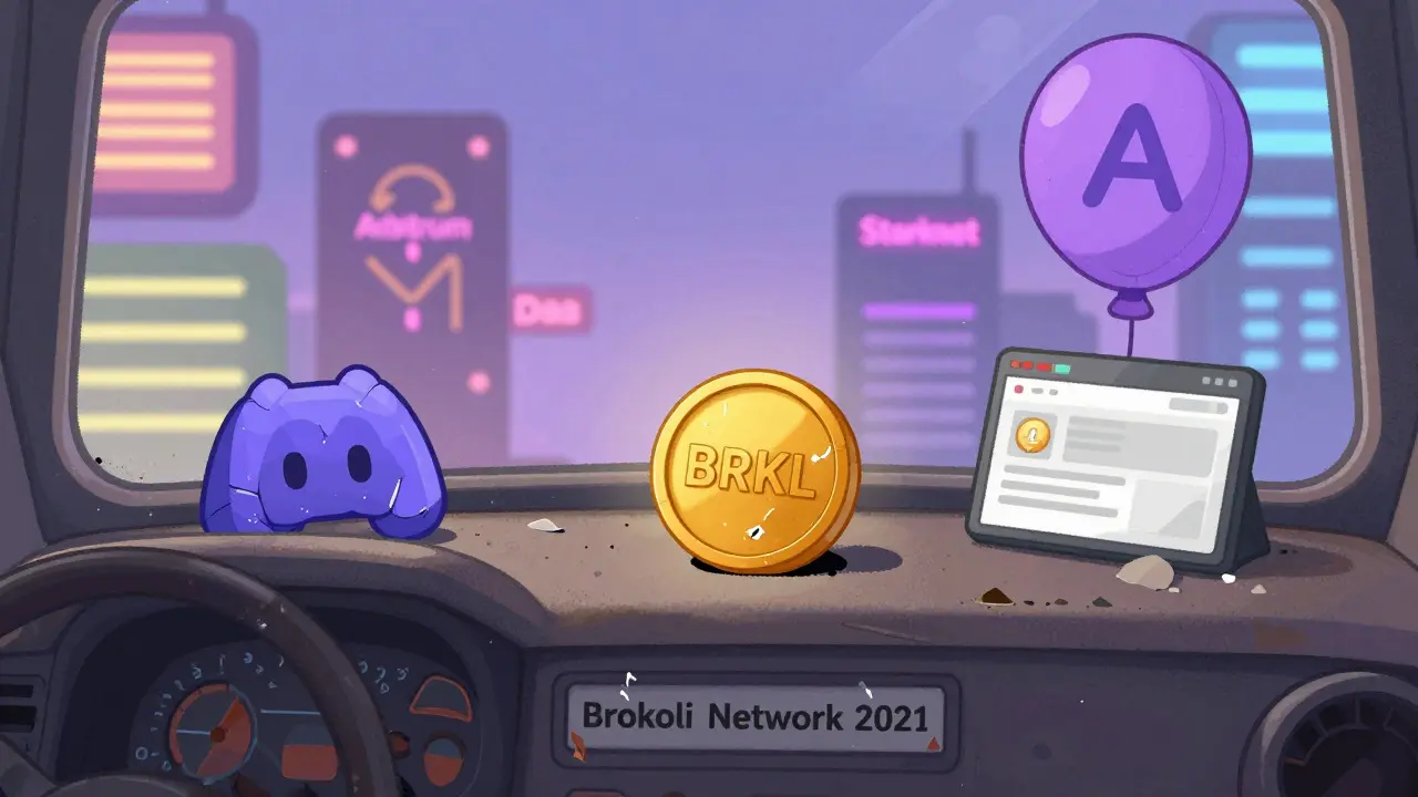 Un jeton BRKL abandonné sur un tableau de bord désuet, entouré d'icônes mortes, tandis que d'autres projets crypto brillent au loin.