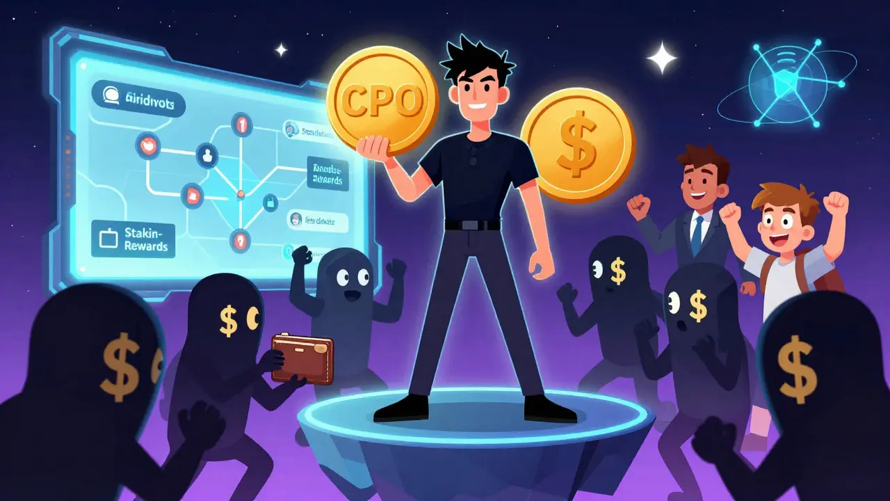 Un joueur héroïque protégeant ses jetons CPO contre des escrocs dans un paysage de roadmap blockchain.