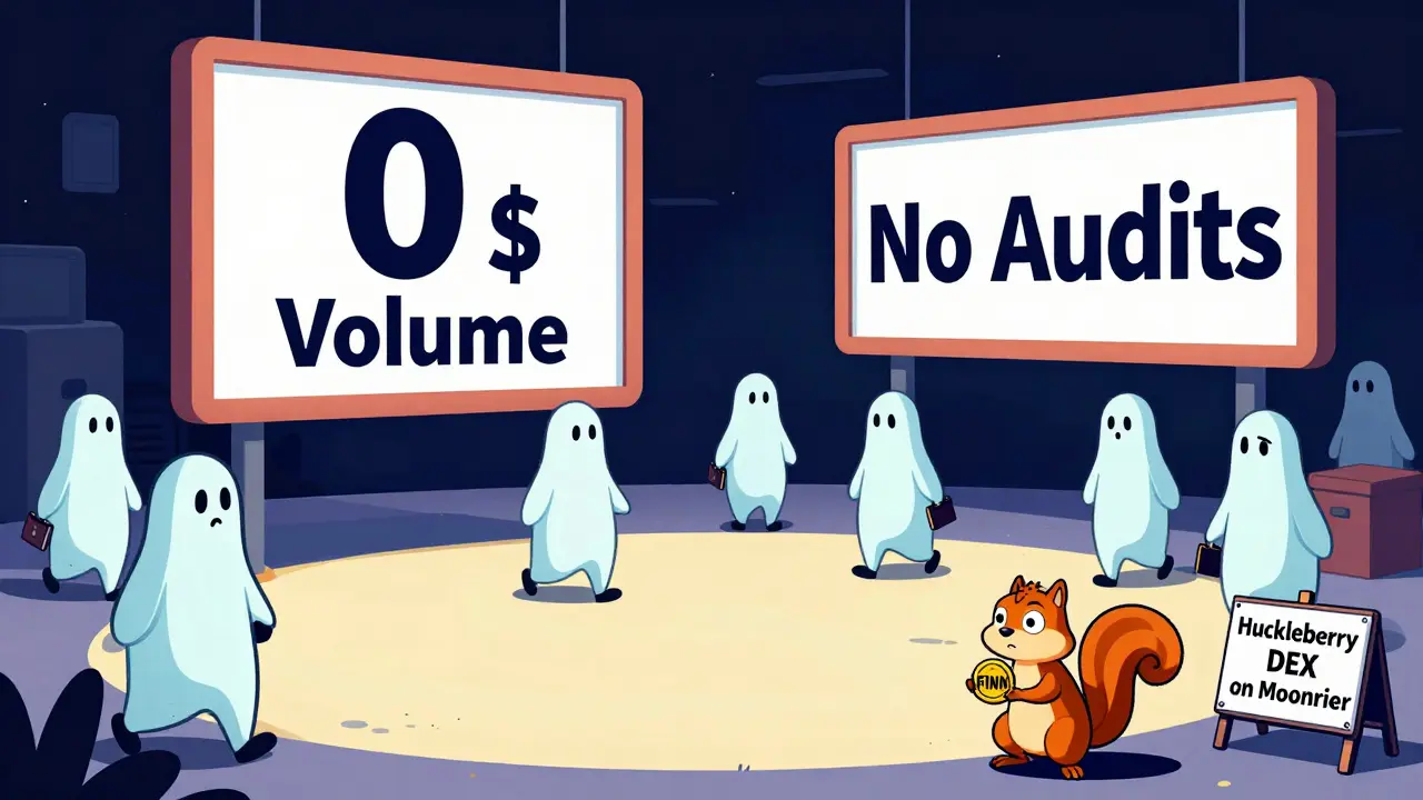 Un marché crypto vide avec des traders fantômes et un panneau '0 $ de volume', dans un style cartoon absurde.