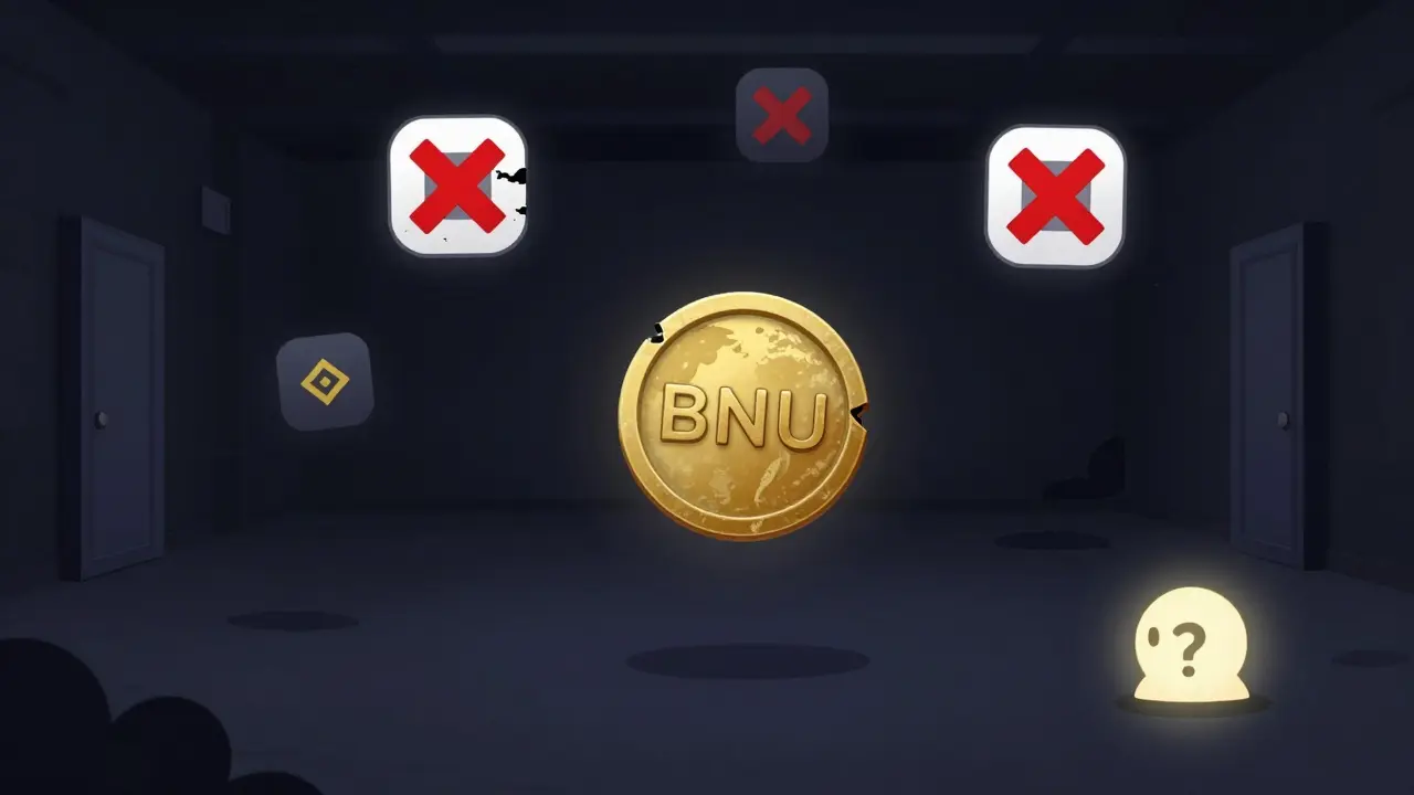 Un token BNU isolé et terni dans un marché numérique vide, entouré d'icônes brisées.