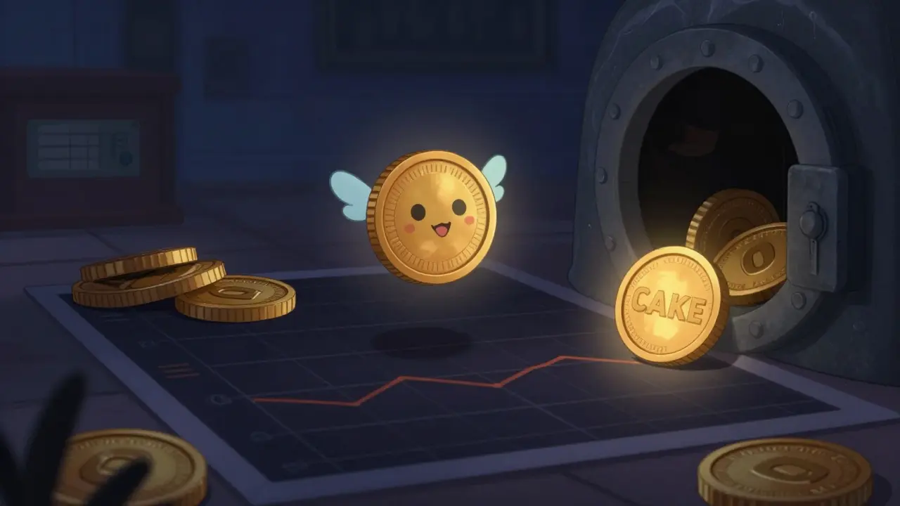 Un token BonusCake flotte au-dessus d'un tableau vide, seul un CAKE brille faiblement dans l'ombre.