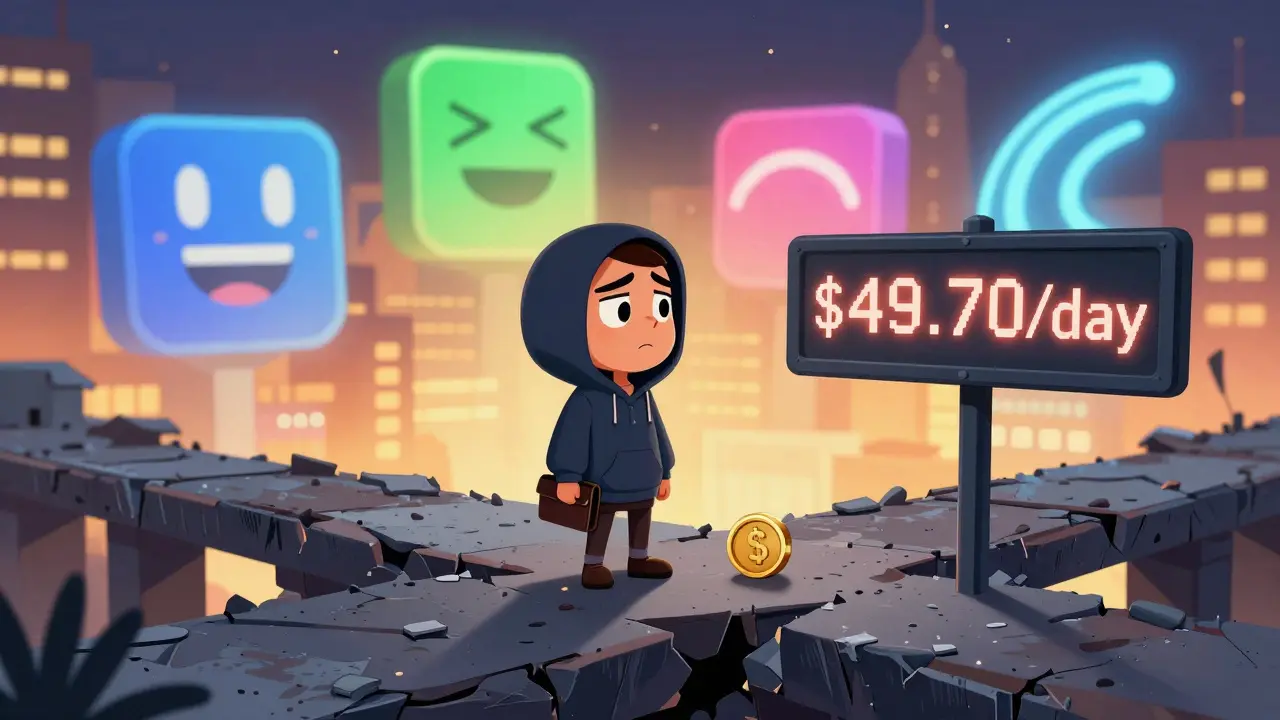 Un trader isolé face à des échanges décentralisés prospères, tenant un jeton SOLID sans valeur.