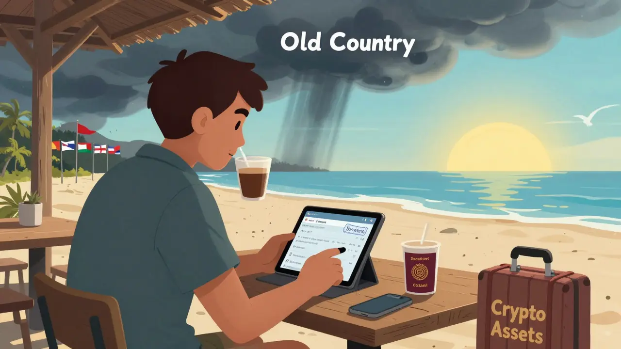 Un trader paisible en Panama, entouré de ses actifs crypto, tandis que le passé sombre s'éloigne derrière lui.