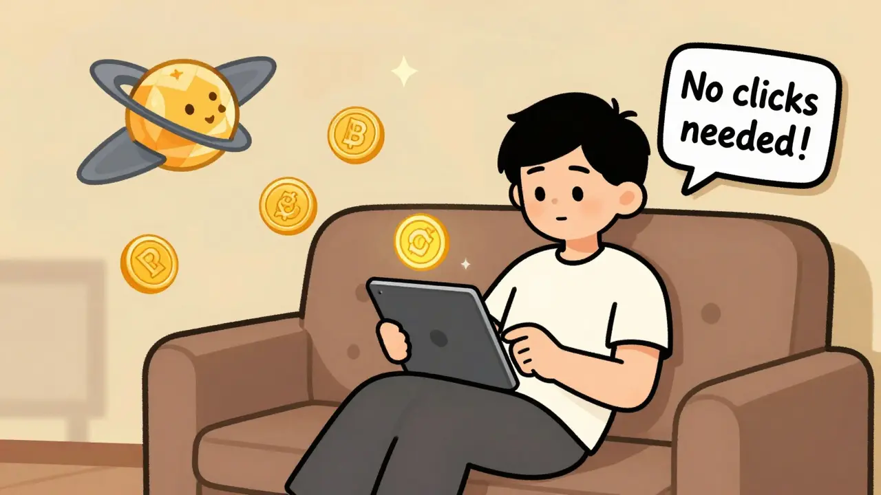 Un utilisateur détendu voit des tokens BonusCake orbiter autour de lui pendant que des CAKE apparaissent dans son portefeuille.