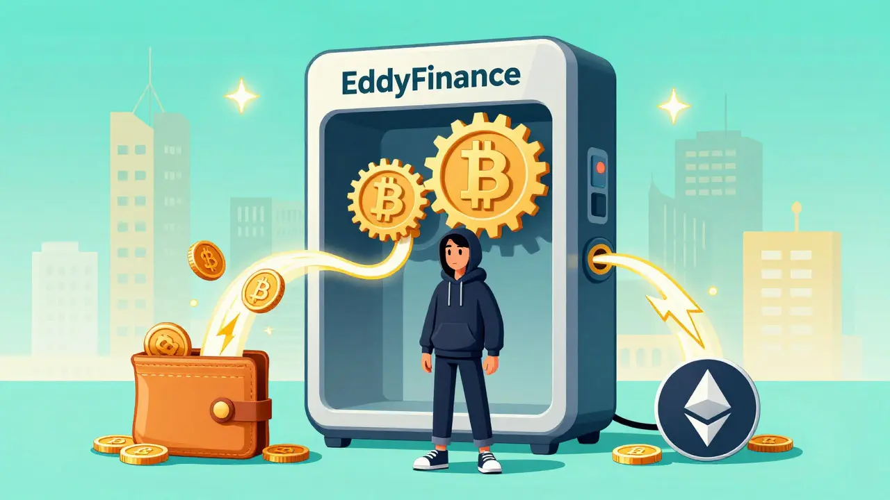 Un utilisateur échange des cryptos via une machine magique reliée à deux chaînes de blocs.