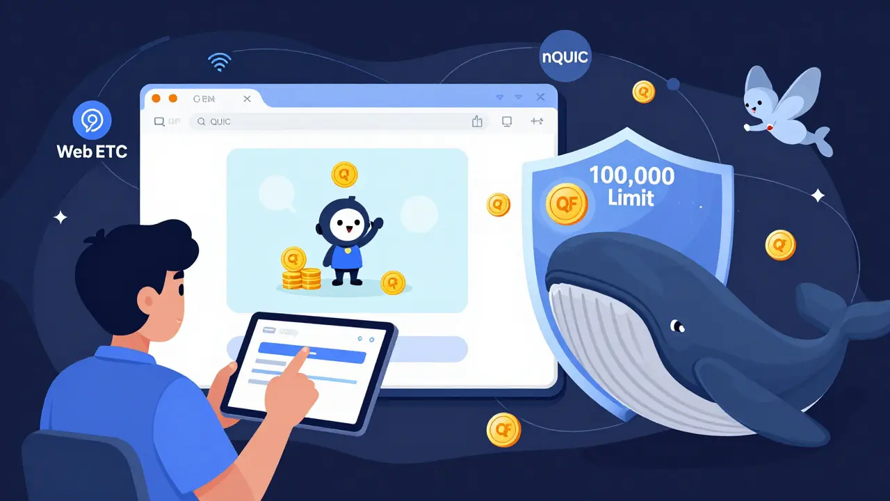 Un utilisateur signe une transaction blockchain directement depuis son navigateur, sans portefeuille, entouré de signaux peer-to-peer.