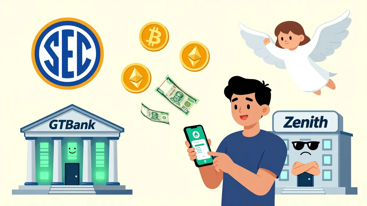 Un utilisateur transfère des cryptomonnaies vers son compte bancaire via Luno, tandis que des banques traditionnelles observent avec méfiance.