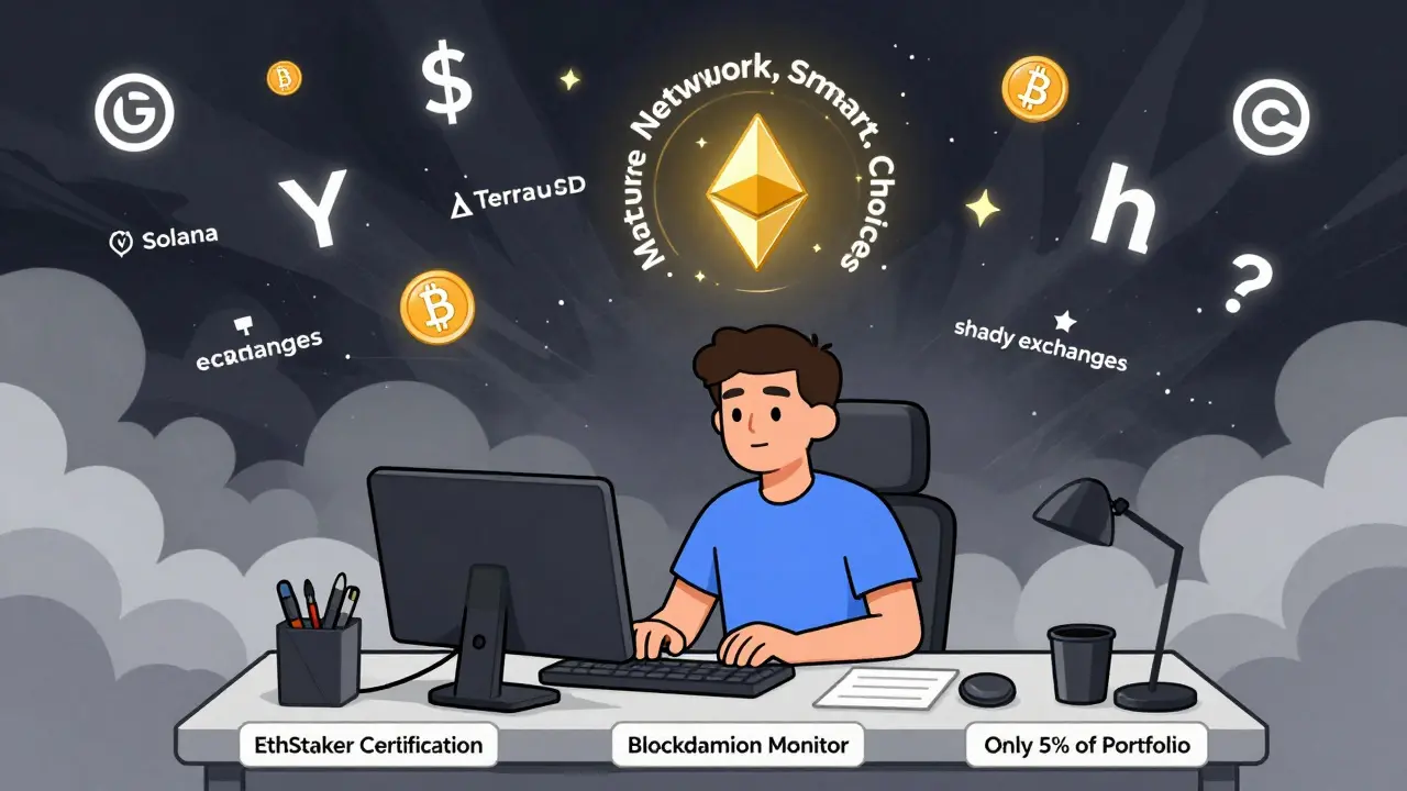 Un validateur préparé entouré d'outils sûrs, tandis que le chaos crypto explose derrière lui.