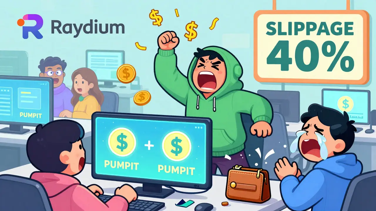 Une foule chaotique d'investisseurs qui échangent des jetons PUMPIT sur un écran blockchain.