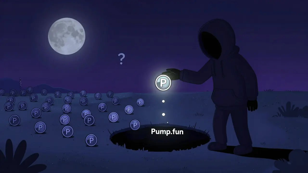 Une silhouette anonyme jette un jeton PUMPIT dans un vide rempli de cryptos oubliées.