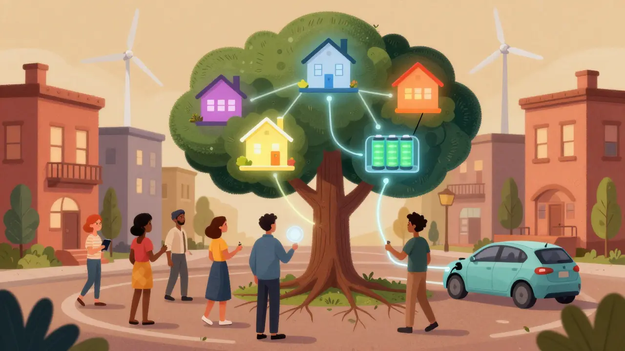 Voisins connectés par un réseau énergétique décentralisé, représenté comme un arbre lumineux avec des maisons émettant de l'énergie.