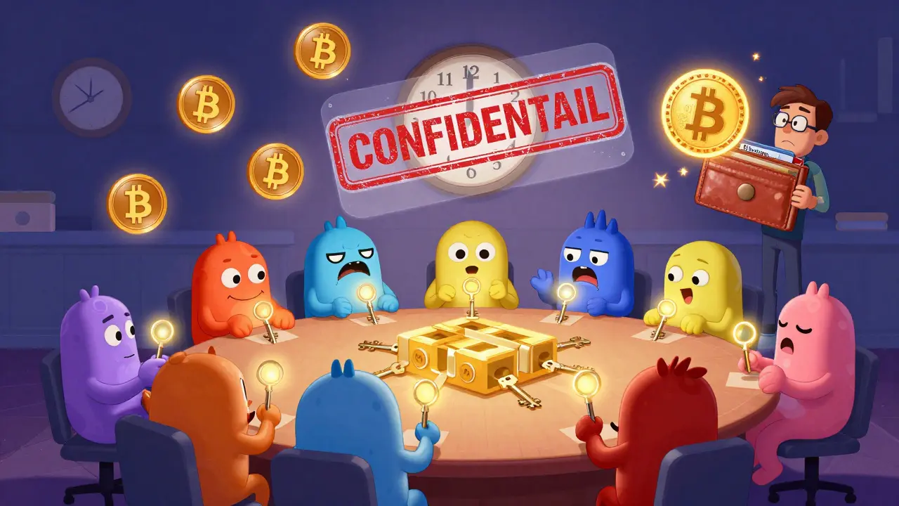 15 entités fédérées scellent un bloc sur Liquid Network, avec des clés lumineuses et des montants de transaction floutés.