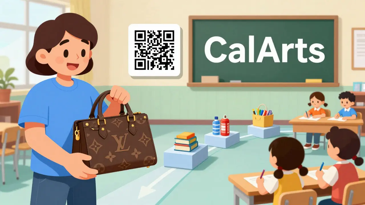 Achat d'un objet de luxe avec suivi du don par code QR vers une école.