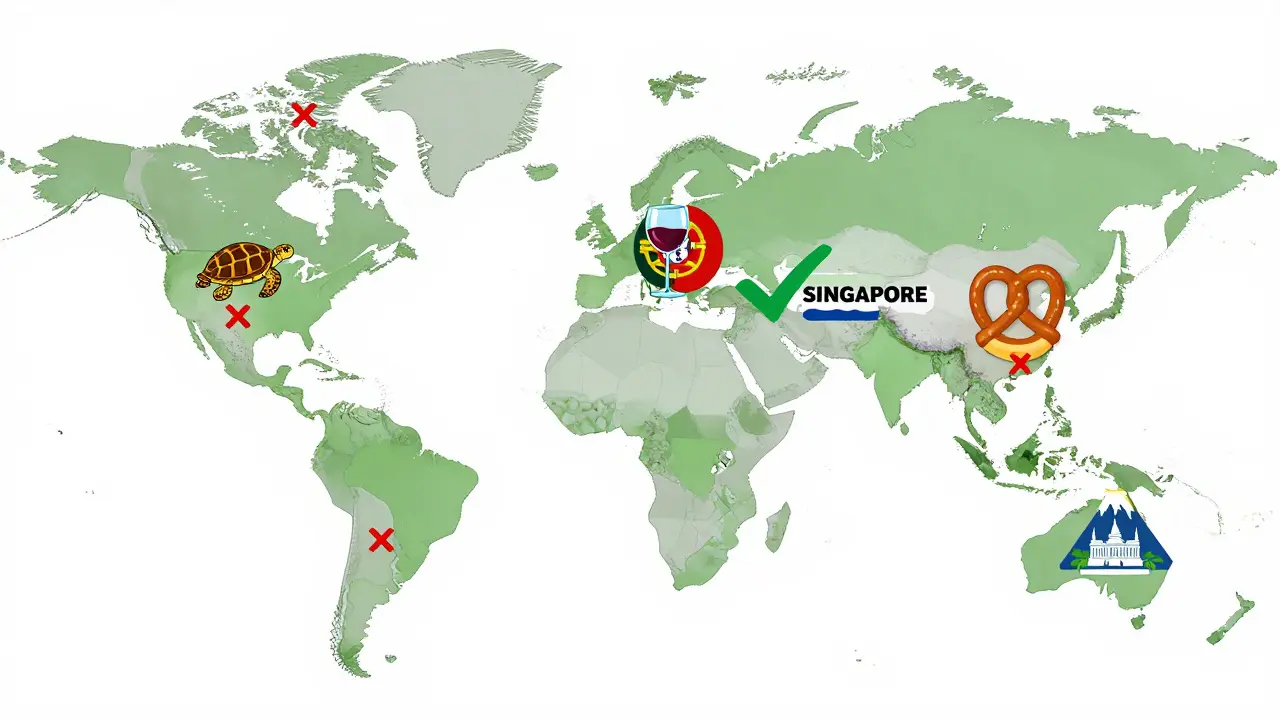 Carte du monde stylisée : Singapour en sécurité avec des icônes pays, autres pays barrés. Couleurs vives et traits épais.