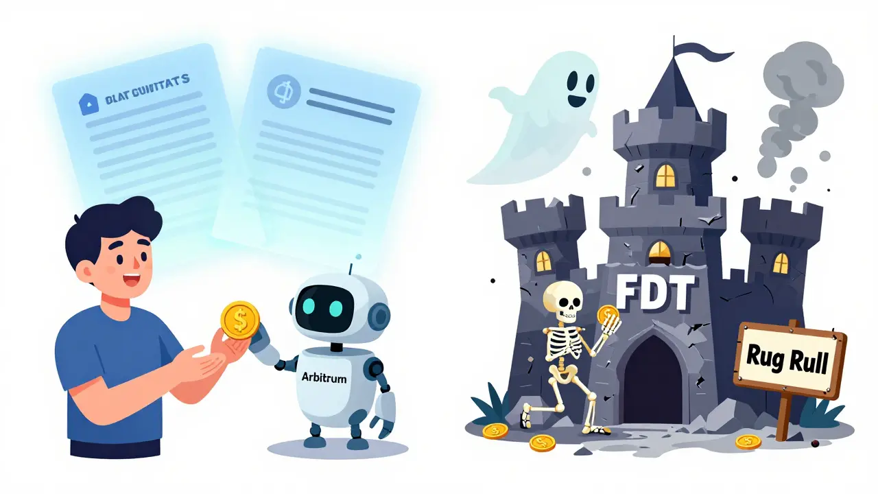 Comparaison cartoon : un airdrop légitime à gauche, un projet frauduleux en ruine à droite avec un dinosaure fantôme.