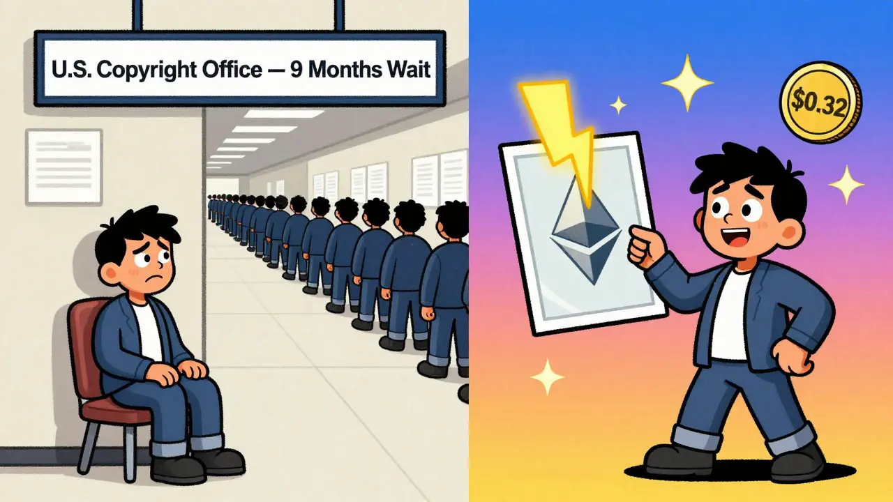 Comparaison humoristique entre un long délai bureaucratique et l'enregistrement instantané sur la blockchain pour les créateurs.