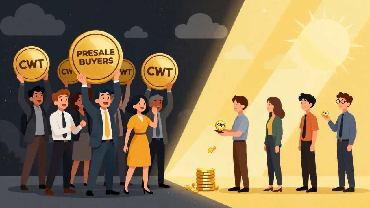 Contraste entre des investisseurs avec de gros jetons CWT achetés en presale et des utilisateurs ordinaires qui gagnent de petits jetons CWT en échangeant simplement sur Plus Wallet.