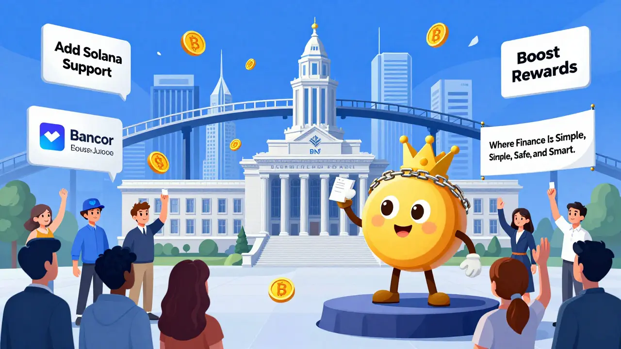 Des citoyens votent dans une ville décentralisée où BNT dirige les décisions financières cross-chain.