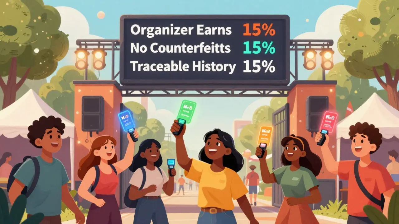 Des fans entrent à un festival en présentant des billets NFT vérifiés par une technologie biométrique.