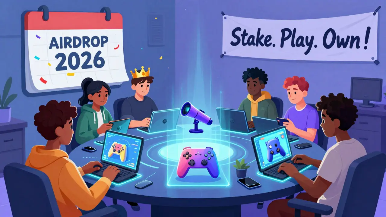 Des joueurs dans un salon numérique reçoivent des NFT animés provenant de leurs portefeuilles crypto, sous un calendrier marquant 'AIRDROP 2026'.