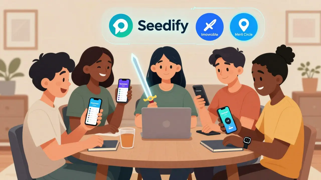 Des joueurs dans un salon regardent leur téléphone avec l'interface bêta d'Evermoon, un logo de soutien flottant au-dessus.