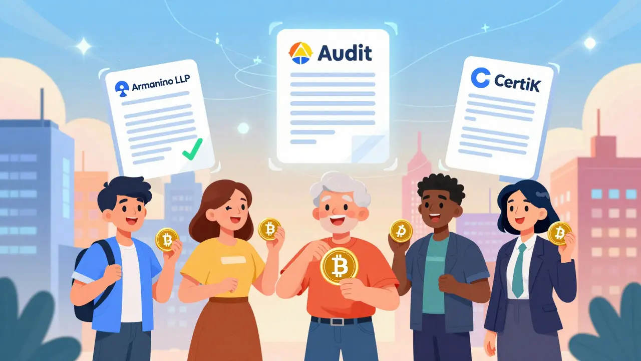 Des utilisateurs heureux utilisent des jetons enveloppés dans une ville DeFi colorée avec des audits flottants.