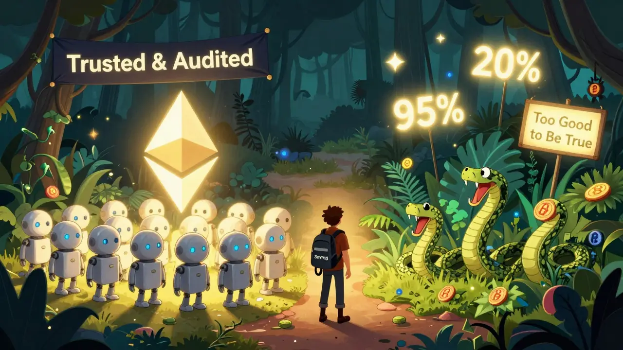 Deux chemins de staking : Ethereum sécurisé à gauche, Tron et MoonBull chaotiques à droite, un aventurier hésitant au milieu.