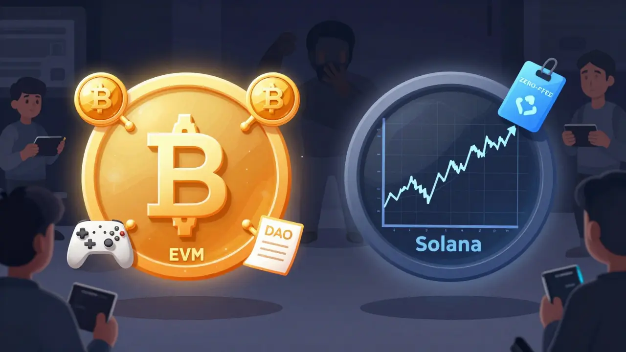 Deux jetons numériques côte à côte : l'un lié au jeu avec des symboles blockchain, l'autre sans fonction sur Solana.