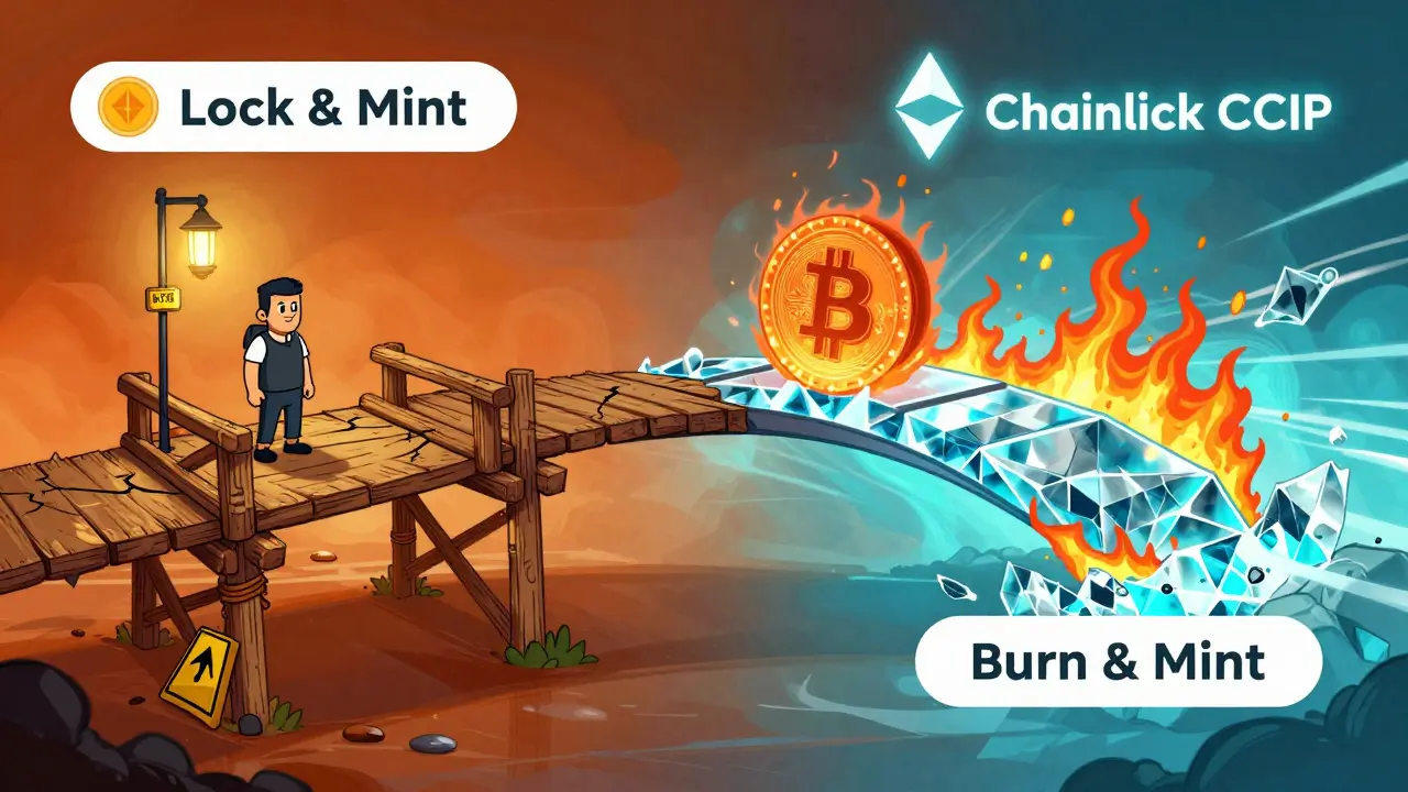 Deux ponts cross-chain : un fragile avec un gardien et un autre cristallin avec combustion instantanée.