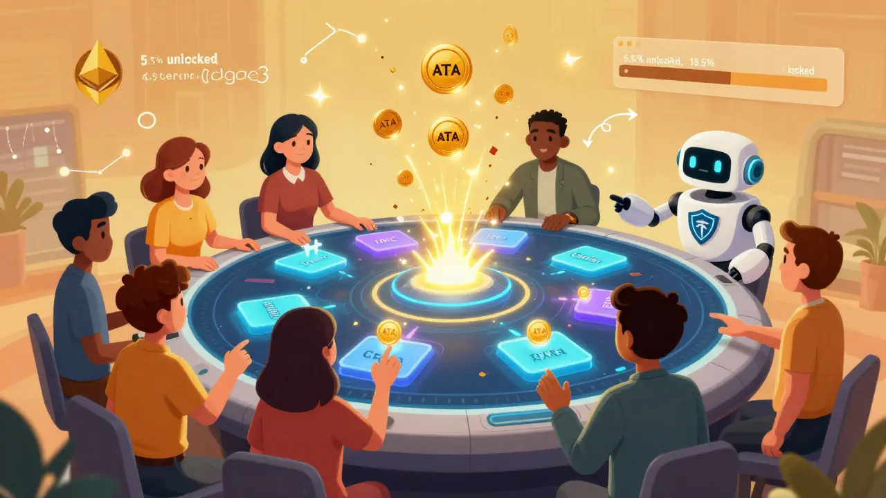 Groupe de personnes utilisant des outils Automata comme Witness et 1RPC, avec des jetons ATA qui s'envolent comme des confettis.