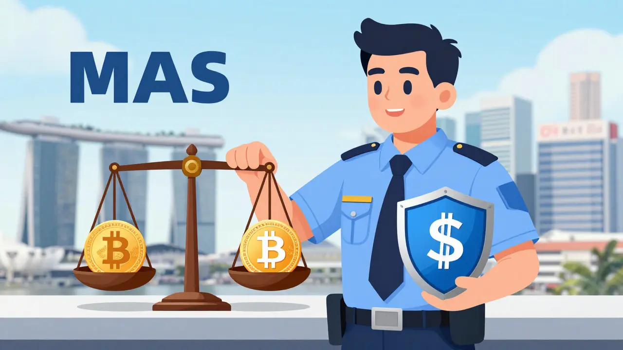 Officier régulateur MAS supervisant des transactions crypto avec un bouclier et une balance. Skyline de Singapour en arrière-plan.