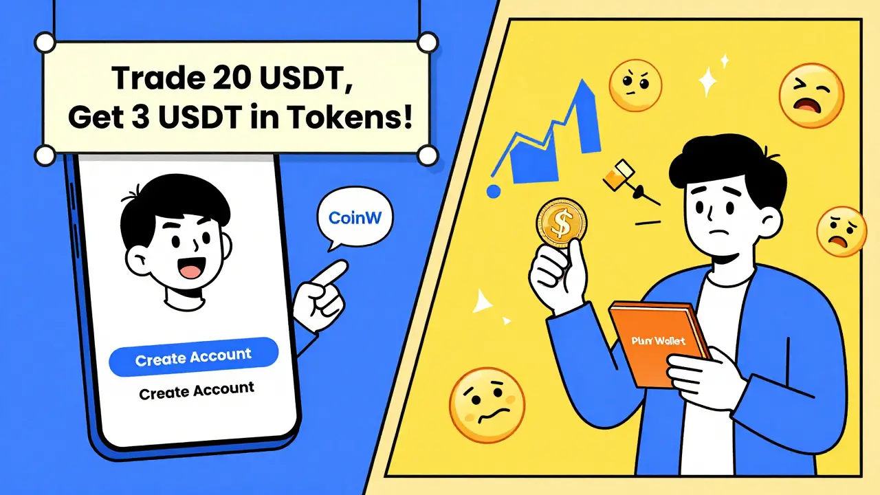 Scène divisée : une personne crée un compte sur CoinW Exchange pour un airdrop, tandis qu'une autre gagne des CWT en effectuant un échange simple sur Plus Wallet.