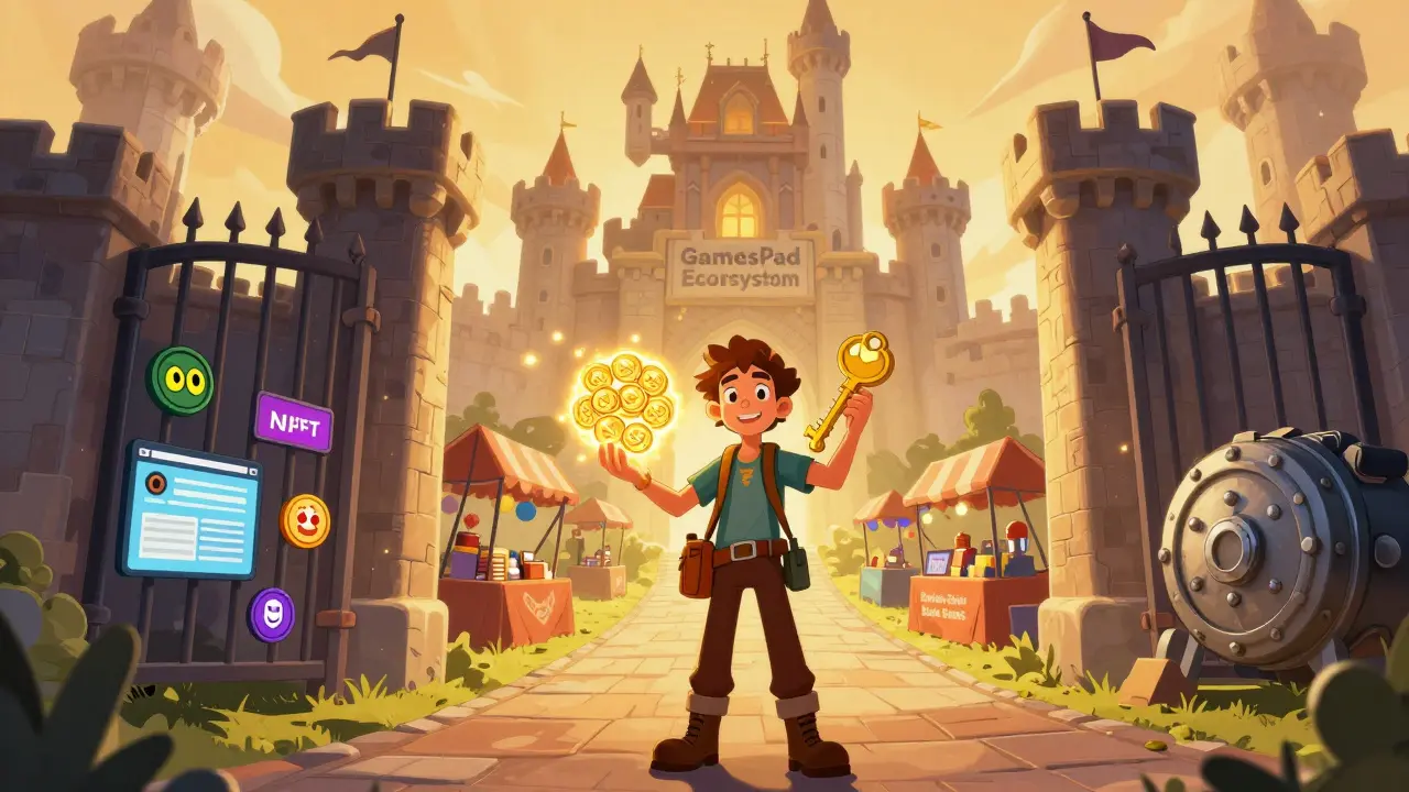 Un aventurier tient une clé NFT devant un château GamesPad, tandis que des arnaques sont enfermées derrière lui, sur fond de lumières accueillantes.