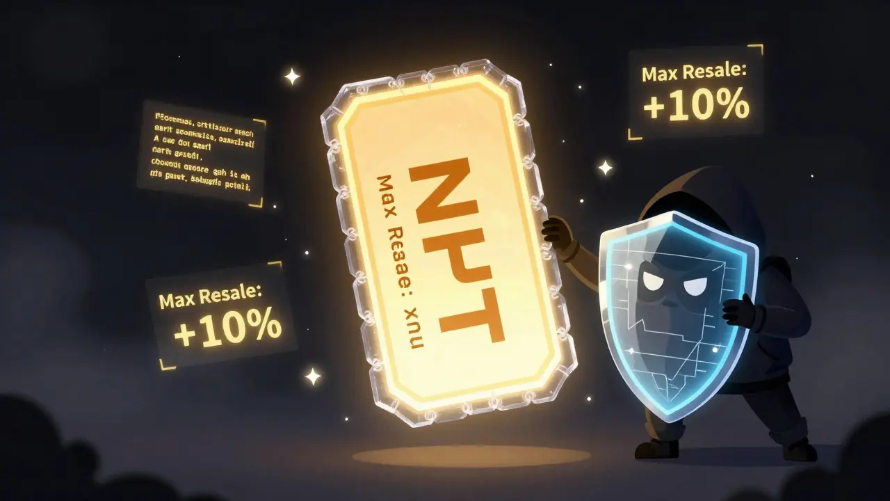 Un billet NFT lumineux protégé par un contrat intelligent qui bloque la revente abusive.