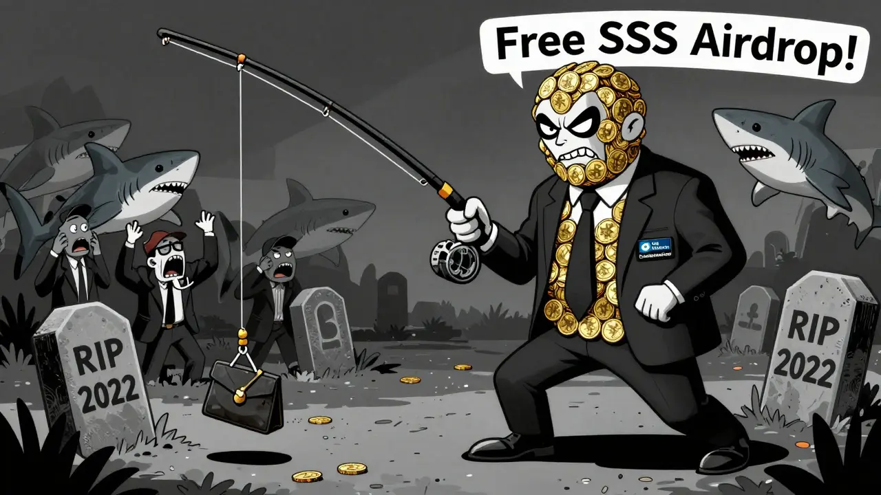Un escroc en costume de pièces crypto attrape des investisseurs avec une canne à pêche 'Airdrop SSS'.