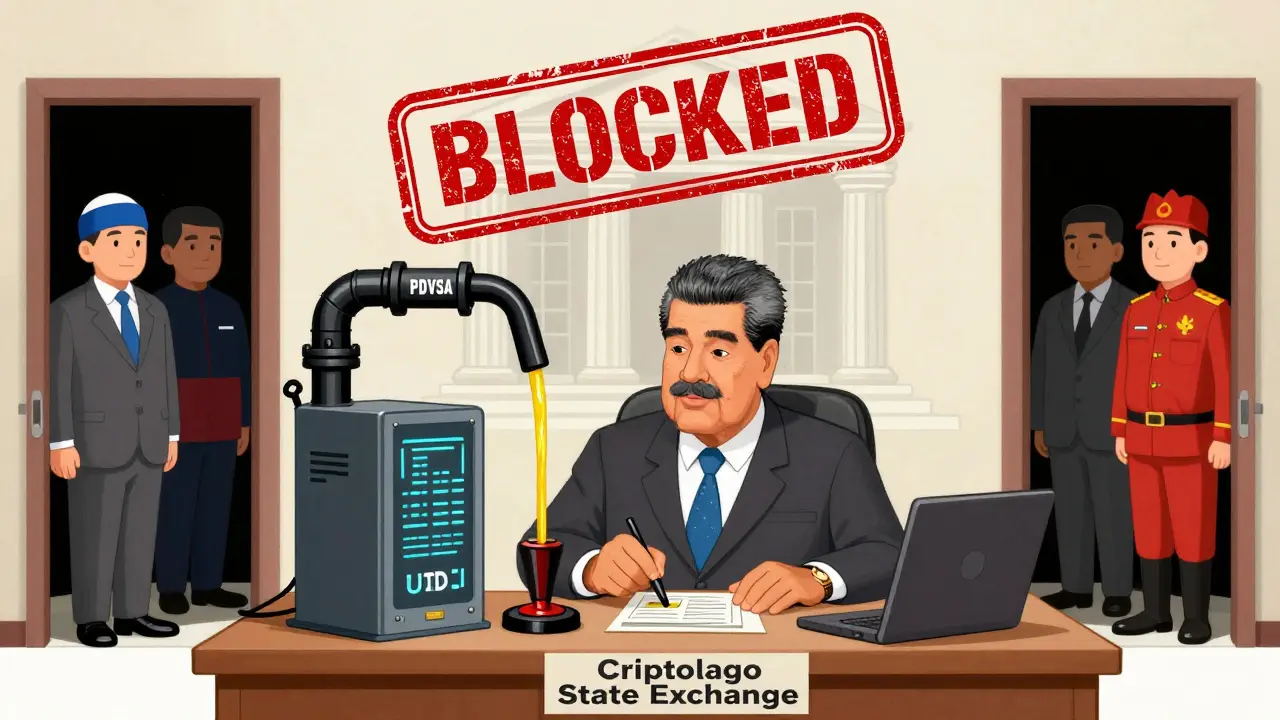 Un fonctionnaire étatique stamp des vouchers USDT à Criptolago, tandis que du pétrole coule dans une machine blockchain.