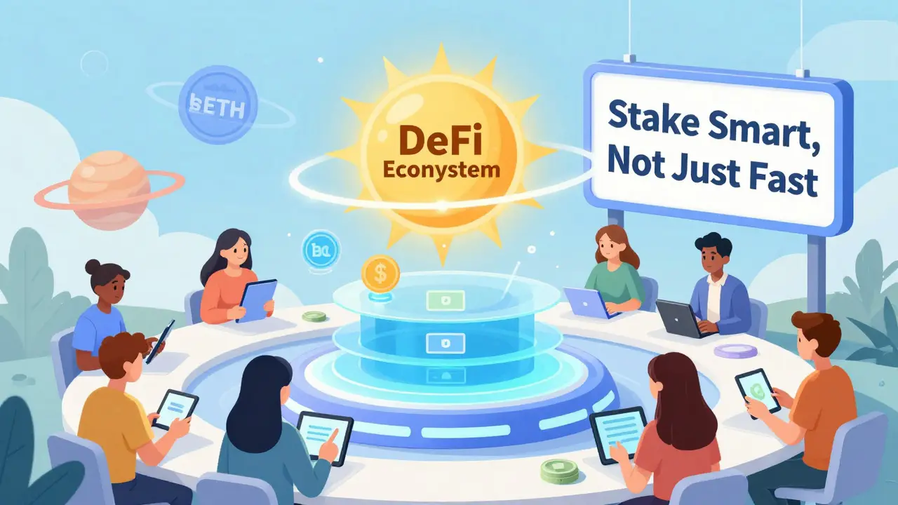 Un hub de staking futuriste avec des tokens liquides en orbite, des utilisateurs qui stakent facilement, style cartoon CalArts.