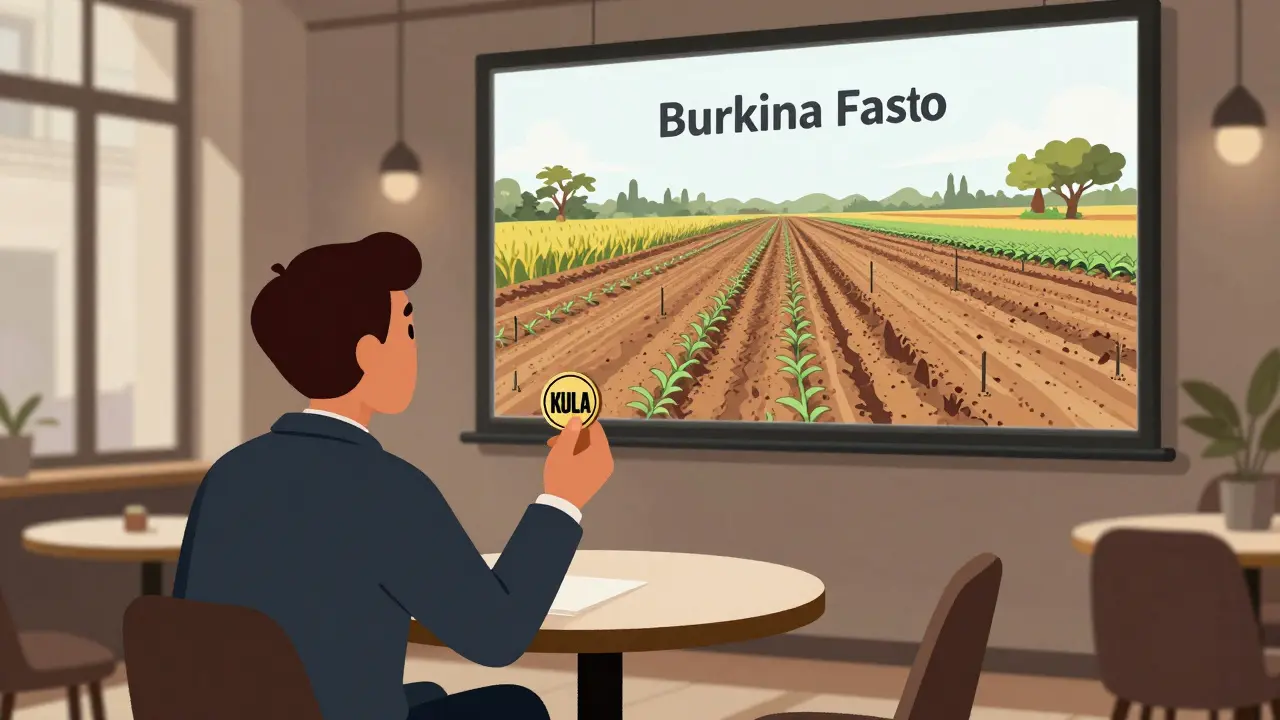 Un investisseur observe un projet agricole africain prospérer grâce à des votes KULA depuis un café parisien.