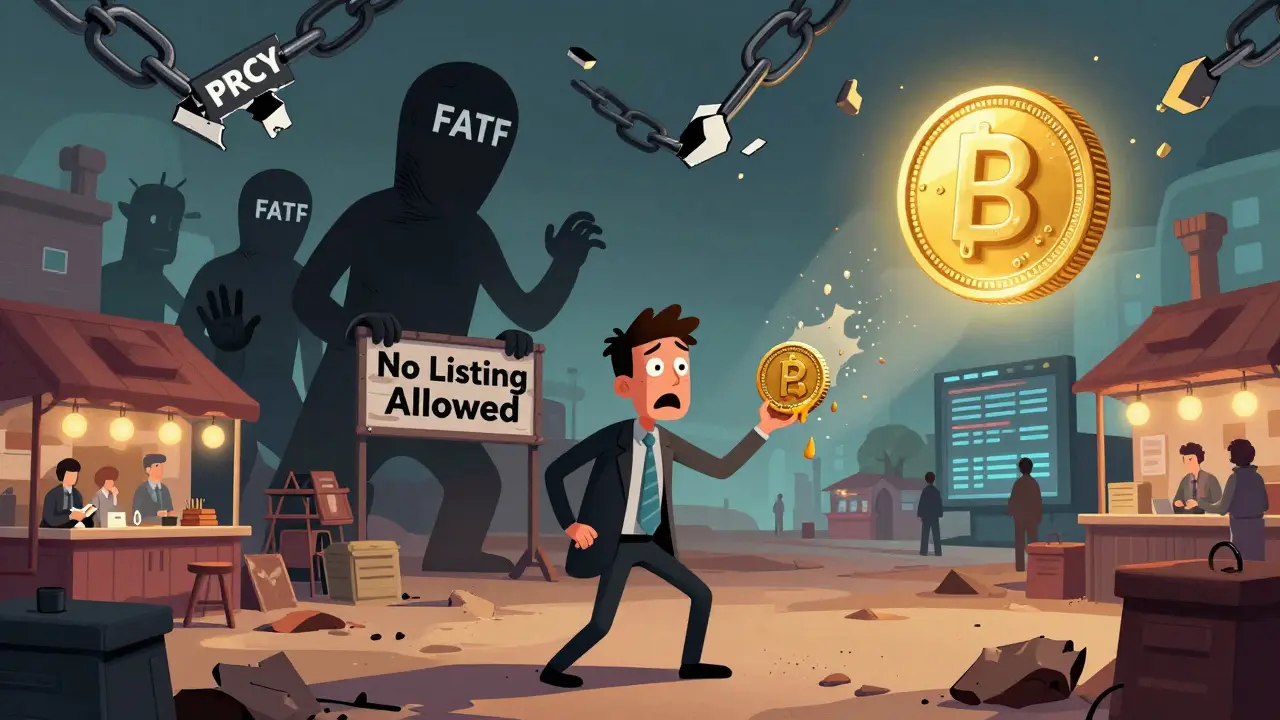 Un investisseur regarder une pièce PRCY fondre tandis que des régulateurs bloquent son accès aux bourses.