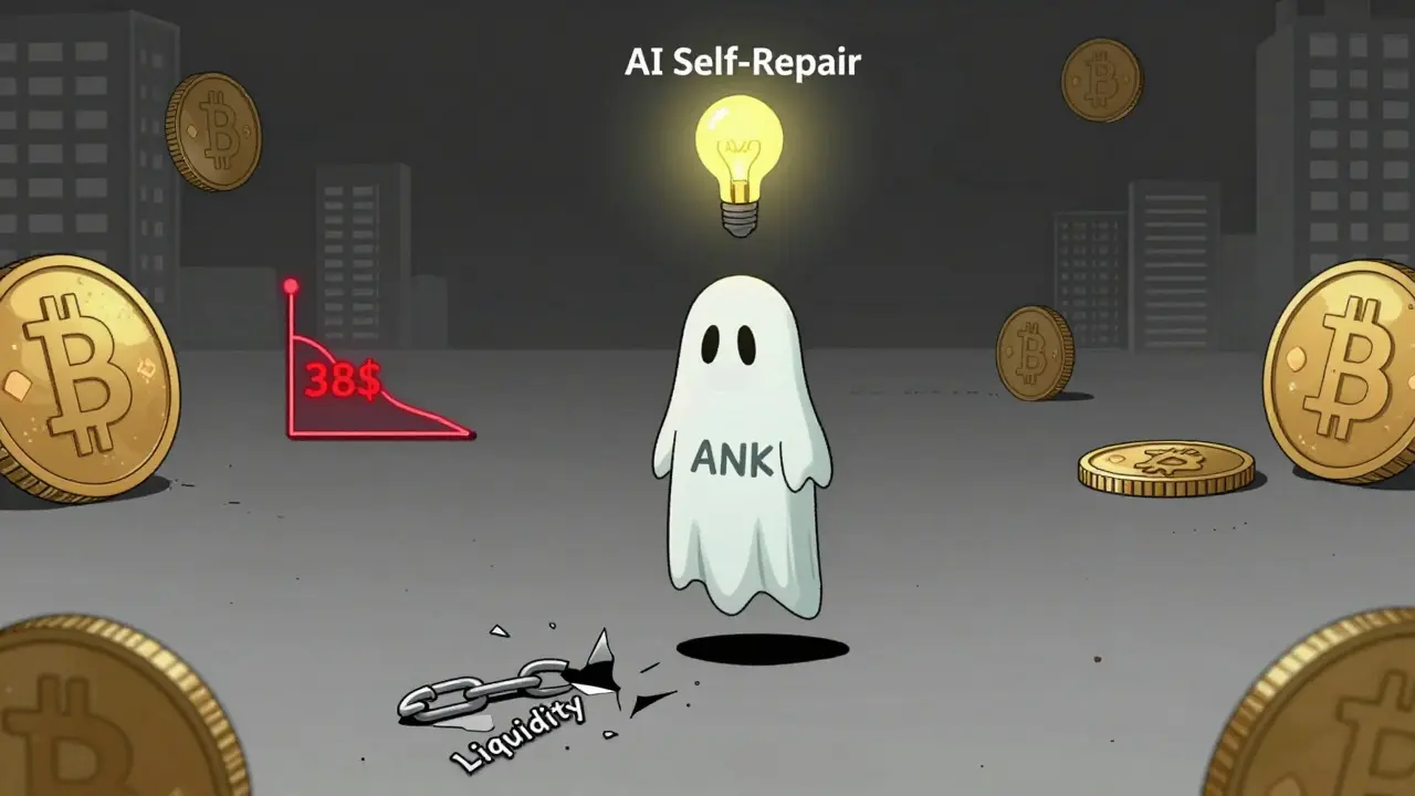 Un jeton fantôme ANK flottant dans un vide numérique, isolé et sans volume de trading, entouré de grandes cryptos réelles.