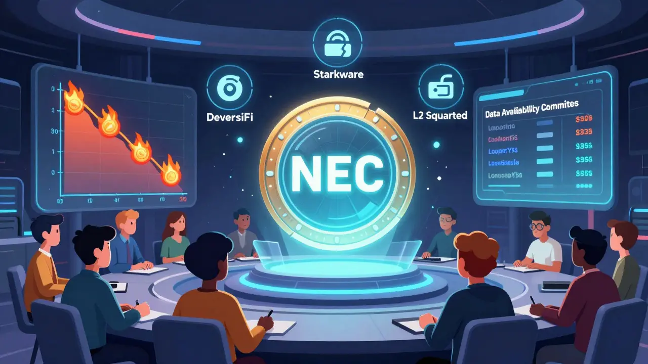Un jeton Nectar au centre d'une salle de contrôle avec des graphiques de réduction de supply et des symboles de partenaires DeFi.