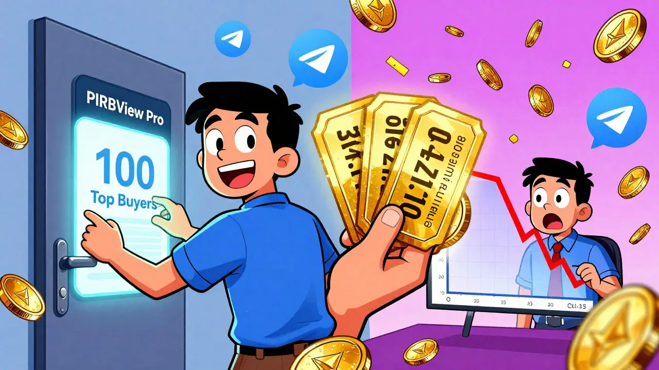 Un trader reçoit un accès Pro PIRBView avec un jeton doré, tandis qu'un autre voit son prix chuter en cartoon style.