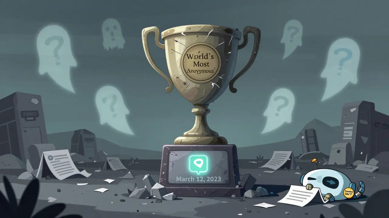 Un trophée abandonné 'La cryptomonnaie la plus anonyme' dans un cimetière numérique avec un commit datant de 2023.