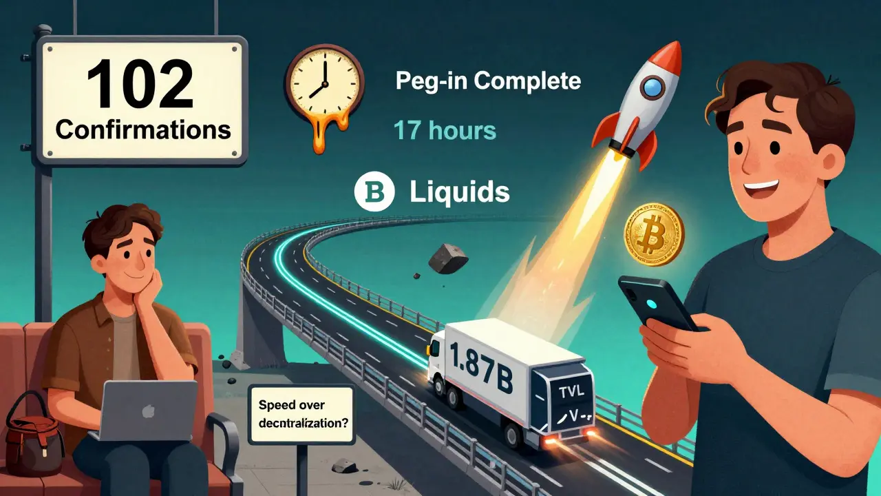 Un utilisateur attend 17 heures pour un peg-in, puis reçoit des L-BTC dans son portefeuille Blockstream Green.